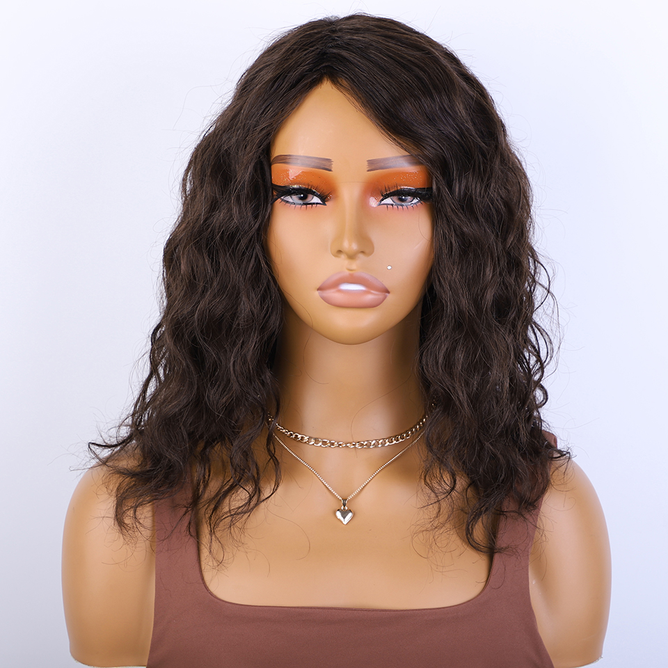 Perruque de cheveux humains bouclés au miel avec frange à franges, partie latérale, sans colle, pré-plumée, gros moelleux, marron, blond mélangé: # 130