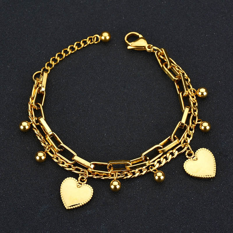 Uzone Rvs Dubbele Laag Kralen Hart Armbanden & Bangles Charm Link Armbanden Voor Vrouwen Liefde Gouden Ketting Sieraden: gold