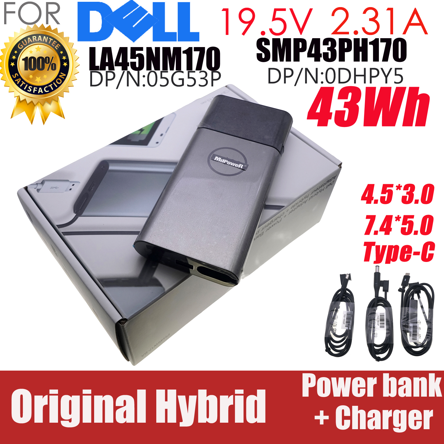 19.5V 2.31A 45W laptop AC Adapter 10000mAh Power bank 43Wh for Dell DP/N:05G53P 0DHPY5 TYPE-C SMP43PH170 LA45NM170 PH45W17-BA