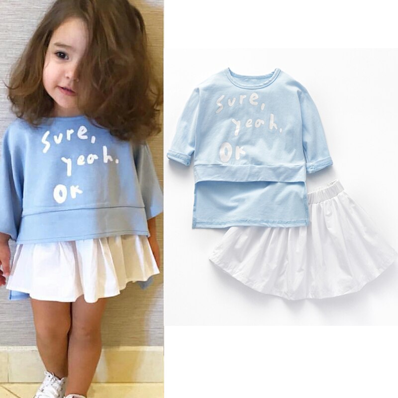 Children Girls Skirt Spring Summer 2 Pieces Sets Skirt +Long sleeves Tops Shirt Cute Kids Girls Clothing Set Outfits