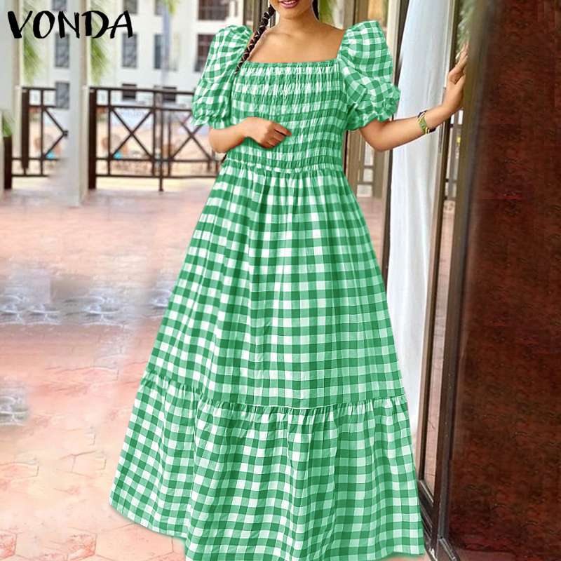 Plus Size Summer Dress 2022 VONDA Short Lantern Sleeve Square Collar Vintage Bohemian Plaid Dresses Femme Party Vestidos