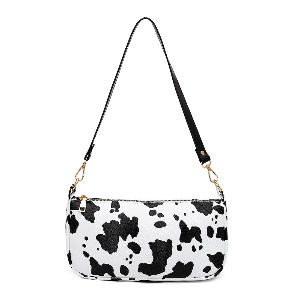 Bolsa de ombro de menina baguette, bolsa pequena para meninas, vintage, fofa, de leite de vaca, com zíper: WHITE