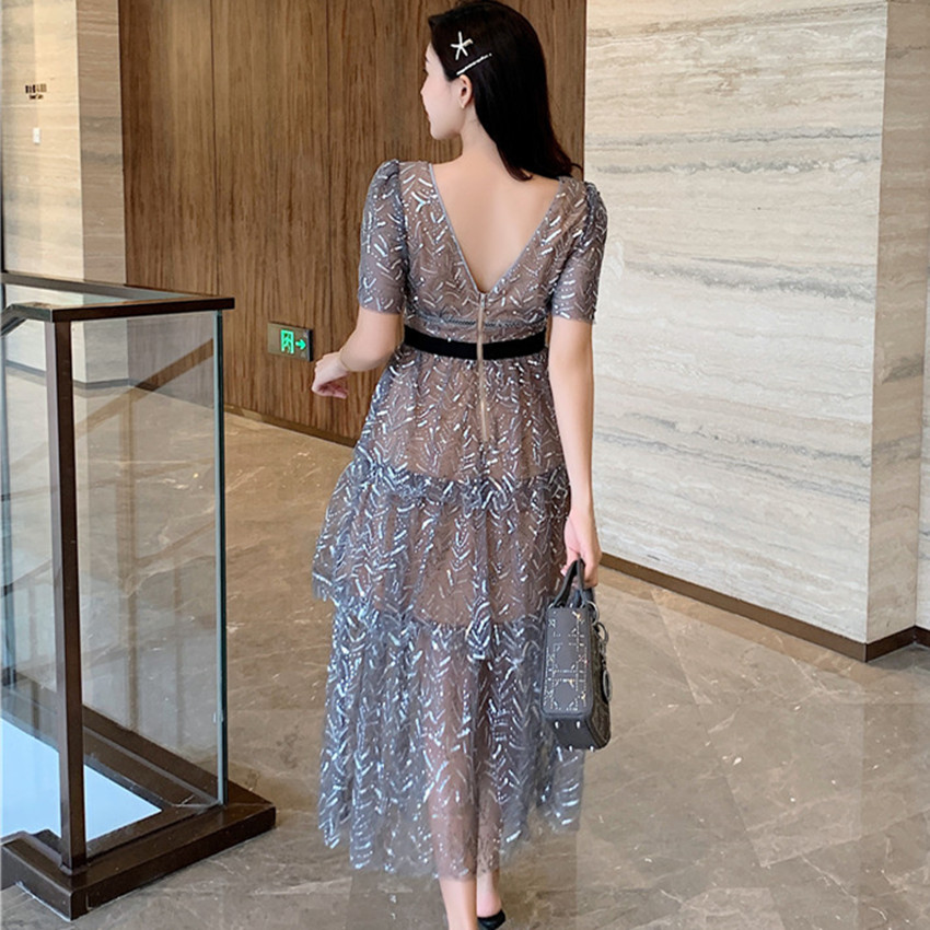 Jsxdhk 2024 neue Landebahn Frauen Gittergewebe Pailletten Party kleid elegante Frauen runden Kragen Kurzarm Rüschen sexy V-Ausschnitt lange Vestidos