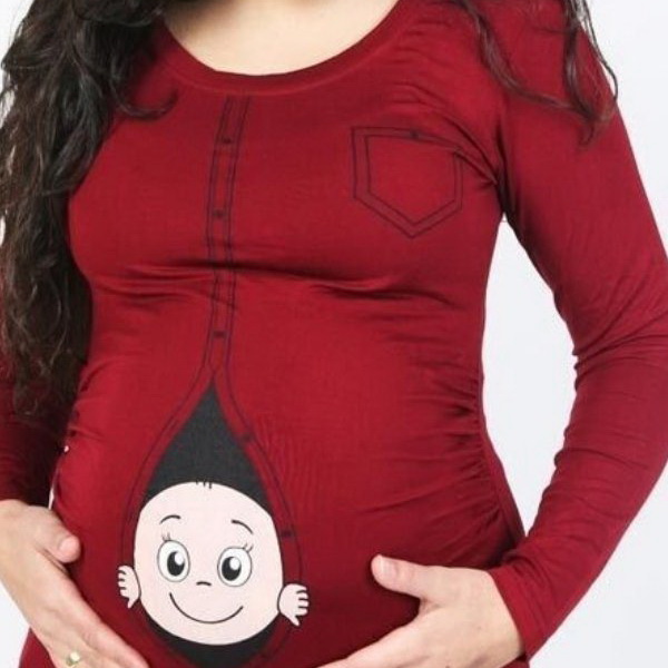 Maternity Pregnant Long Sleeve T Shirts Cartoon Baby Peeking Out Printed Clothes Maternity Funny Shirts: Burgundy / 3XL