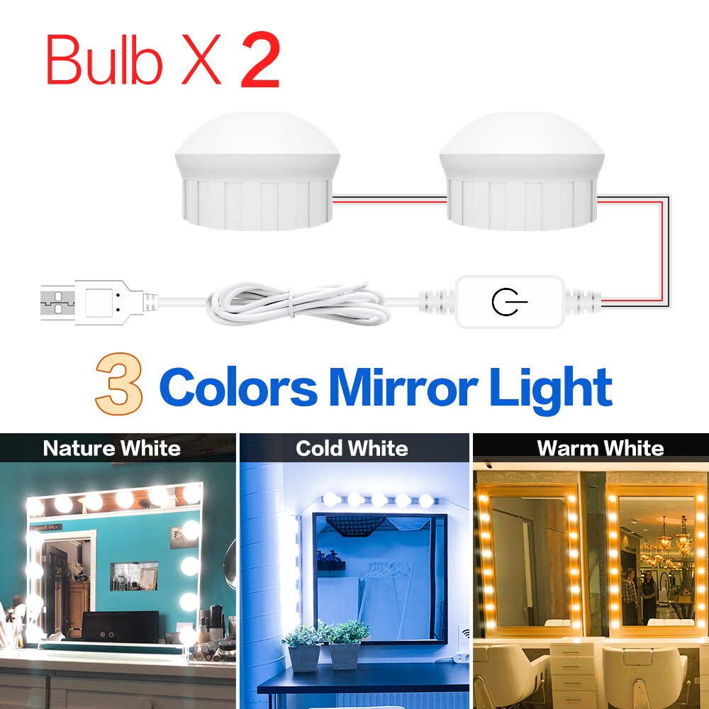 Usb 12v led makeup spejl lyspære 2 6 10 14 stk pærer kit touch dæmpbar 3 farver hollywood toiletbord forfængelighed spejl lampe: 3 farver 2 pærer