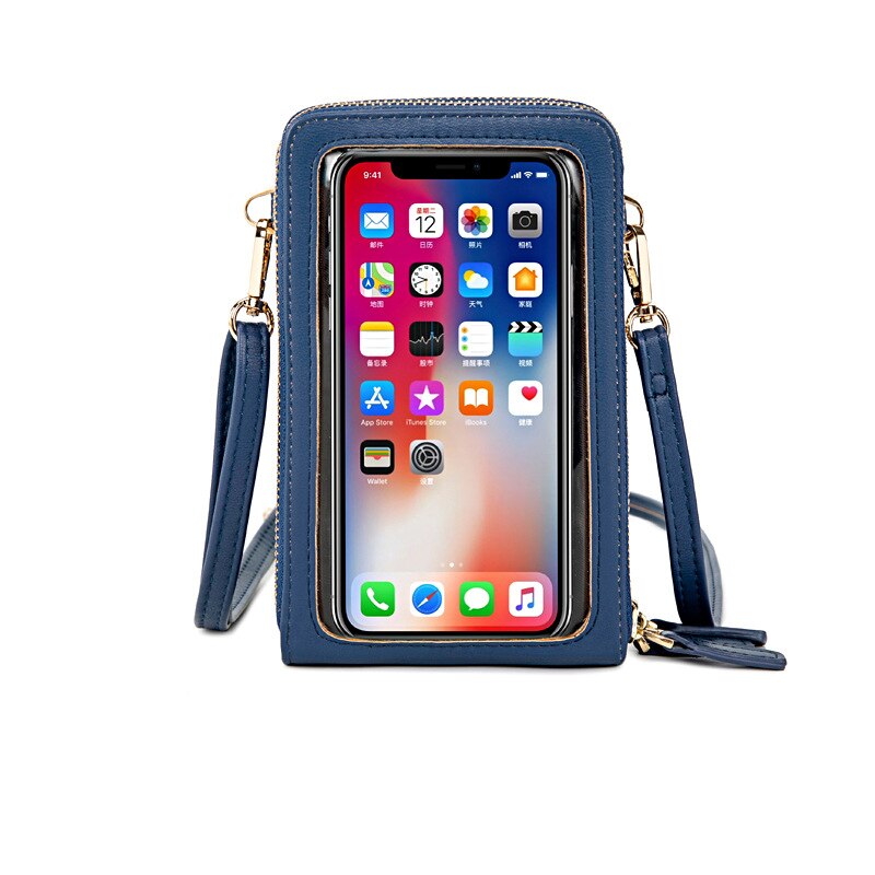 Transparent Touchable Cell Phone Pocket Women's Shoulder Bag Pu Leather Ladies Crossbody Bags Female Small Handbag Purse: Dk Blue