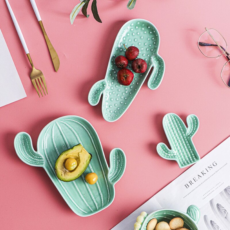 Plato con forma de flor de Cactus, vajilla de cerámica bonita, plato para aperitivos, ensalada de frutas, plato de postre, vajilla