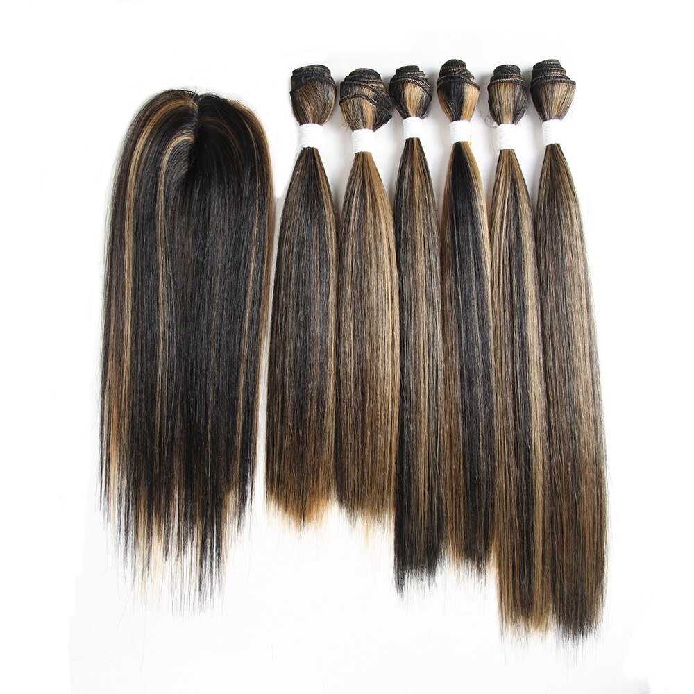 Tissage synthétique lisse SOKU Yaki avec petite fermeture en dentelle, lot de 6 extensions brunes de 14 à 18 pouces