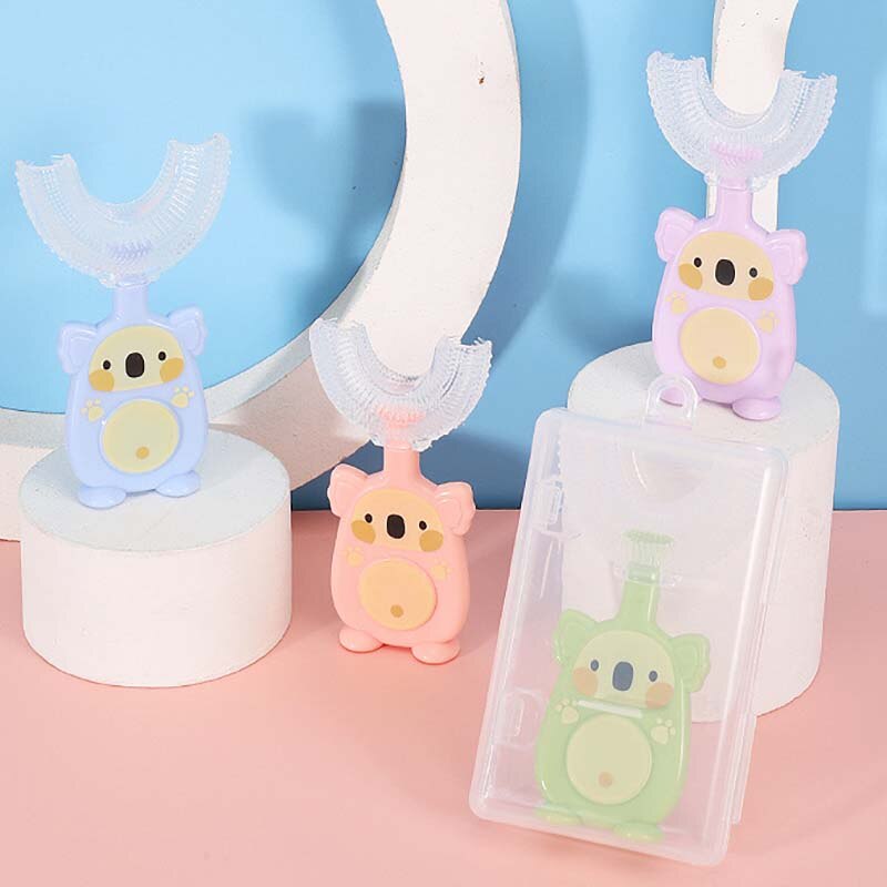 1Pcs Stijl Handleiding Siliconen Tandenborstel Voor 2-12 Jaar Oude Kinderen U-vorm Stofdicht Baby Tandenborstel koala Patroon Tandenborstel