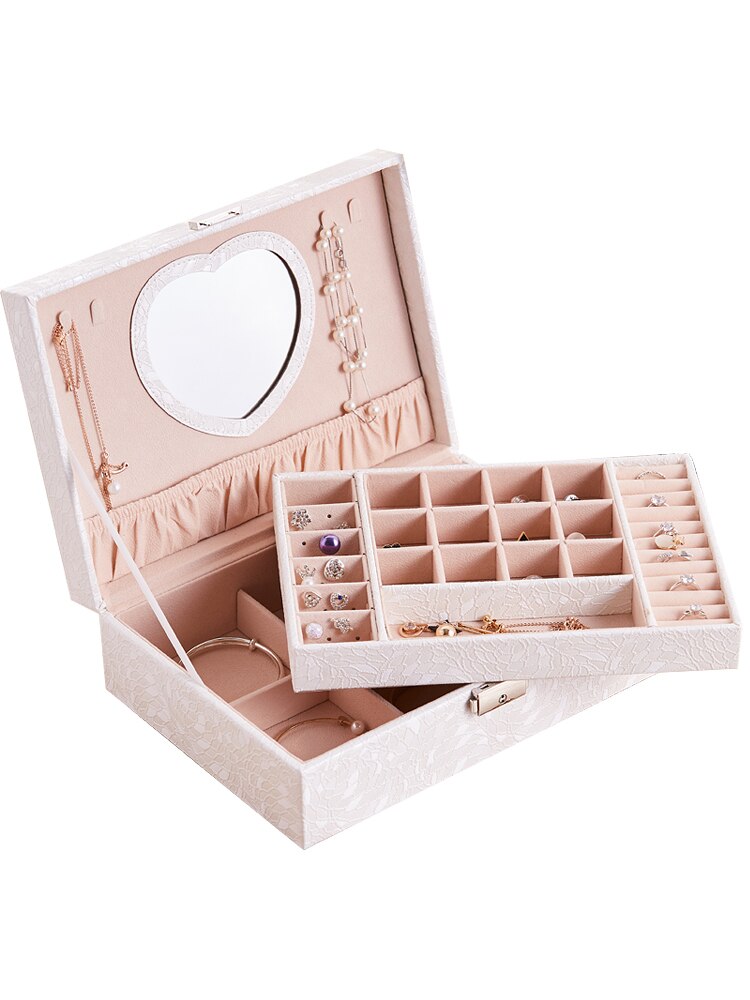 ¡Éxito de ventas de ! Caja de almacenamiento clásica de cuero de estilo europeo para joyería, collar de gran espacio con cerradura, joyero de lujo: white with mirror