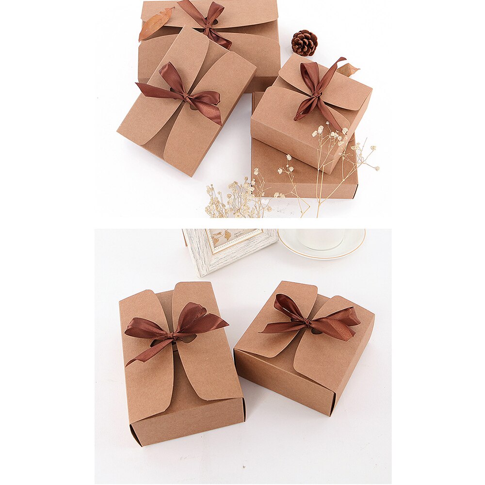 Square Kraft Paper Box Cardboard Package Valentine's Day Candy Storage Boxes Packing Box With Ribbons