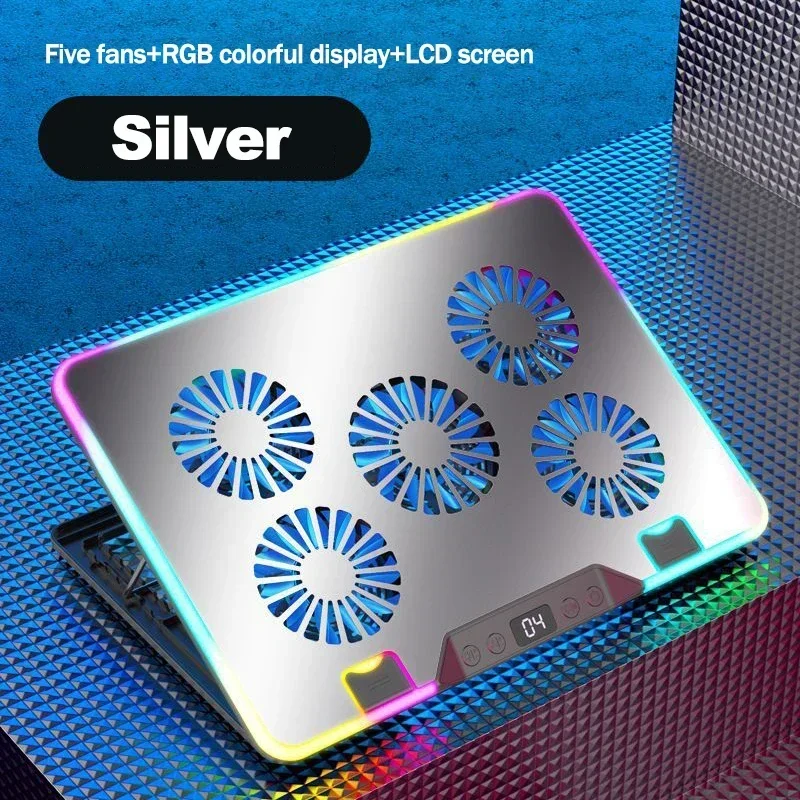 F36 5-wentylatorowy stojak chłodzący do notebooka z wentylatorem 11-17,3-calowy, regulowany pod wieloma kątami uchwyt do laptopa do gier z 2 ekranami LED USB: Brązowy