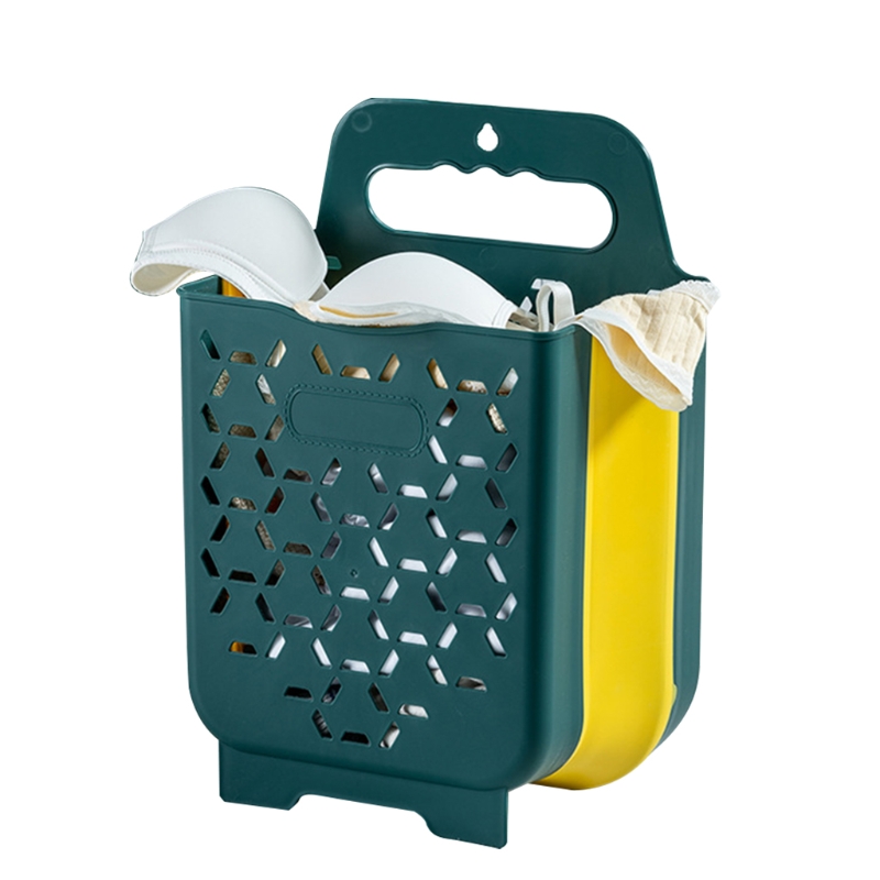 Cesta plegable de plástico para la colada, caja de almacenamiento de plástico con asa para colgar en la pared del baño, 95AA: Green