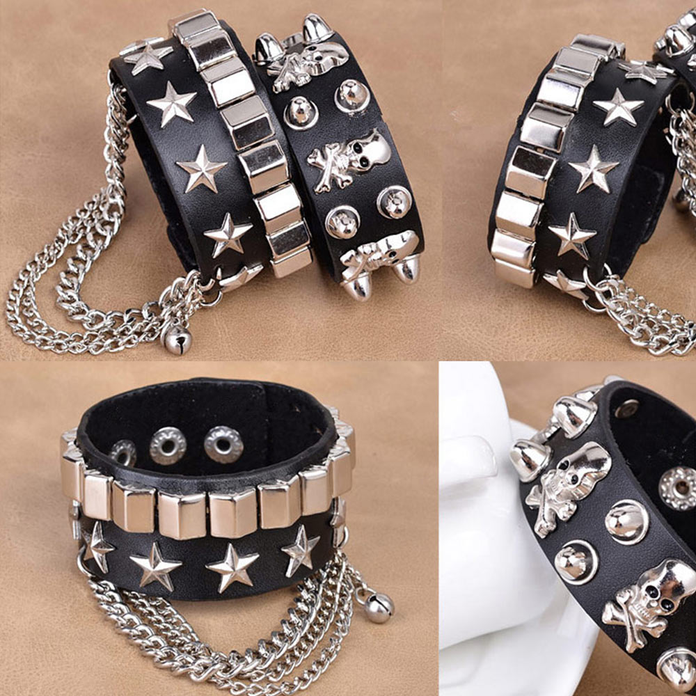 Gothic Skull Punk Jewelry Men Bracelet Women men punk skull Bracelet Rivet Leather Cuff Bangle W/Adjustable Button