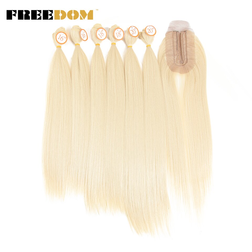 FREEDOM mèches Yaki synthétiques lisses ombrées de 16 à 20 pouces avec Closure, extensions de cheveux, lot de 7 pièces: 613