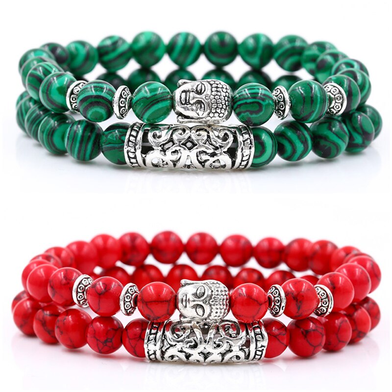 2PCS/Set Buddha Head Charm Natural 8mm Stone Beads Bracelet Sets For Women Men Braiding Macrame Bracelet Set Charm Bangle