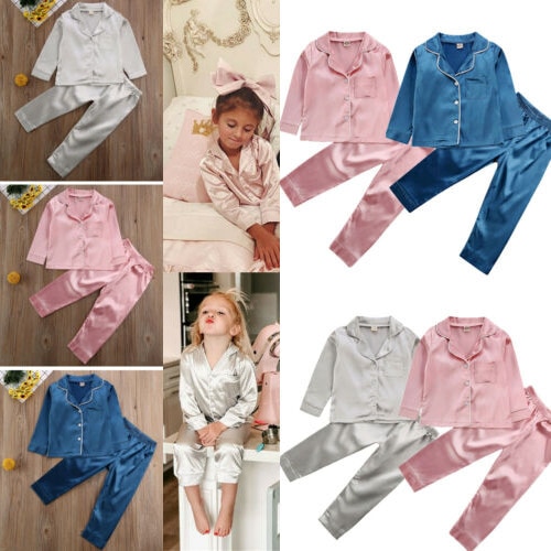 2Stck Kind Baby die Seide Satin- Pyjama Nachtwäsche Junge Mädchen Kleidung oben Hosen 1-7 Jahr