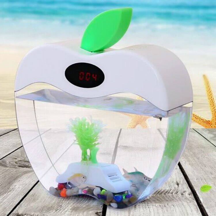 Meget gennemsigtig mini sød æble fisketank bærbar smart usb glas akvarium kontorbord lille akvaryum: Hvid