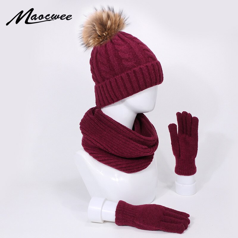 Gorro de piel Real con pompón, gorros, bufandas, guantes, conjunto de tres piezas, gorro grueso para invierno y otoño bufanda, guantes traje Windproo Pom sombrero bufanda, guantes de invierno deportes al aire libre cálida bufanda gorros conjuntos