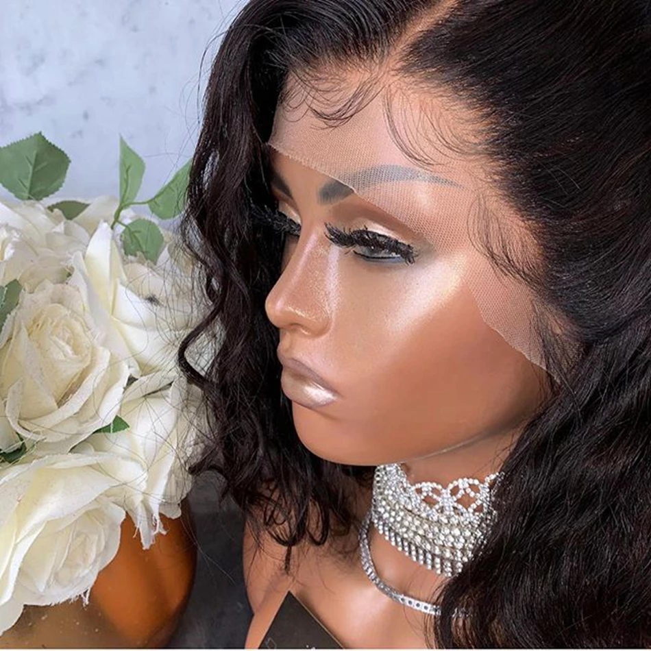 Glueless Cut Short Bob Water Wave Dark Brown Synthetic Hair Lace Front Wigs For Women Heat Resistant Fiber Natural Hairline