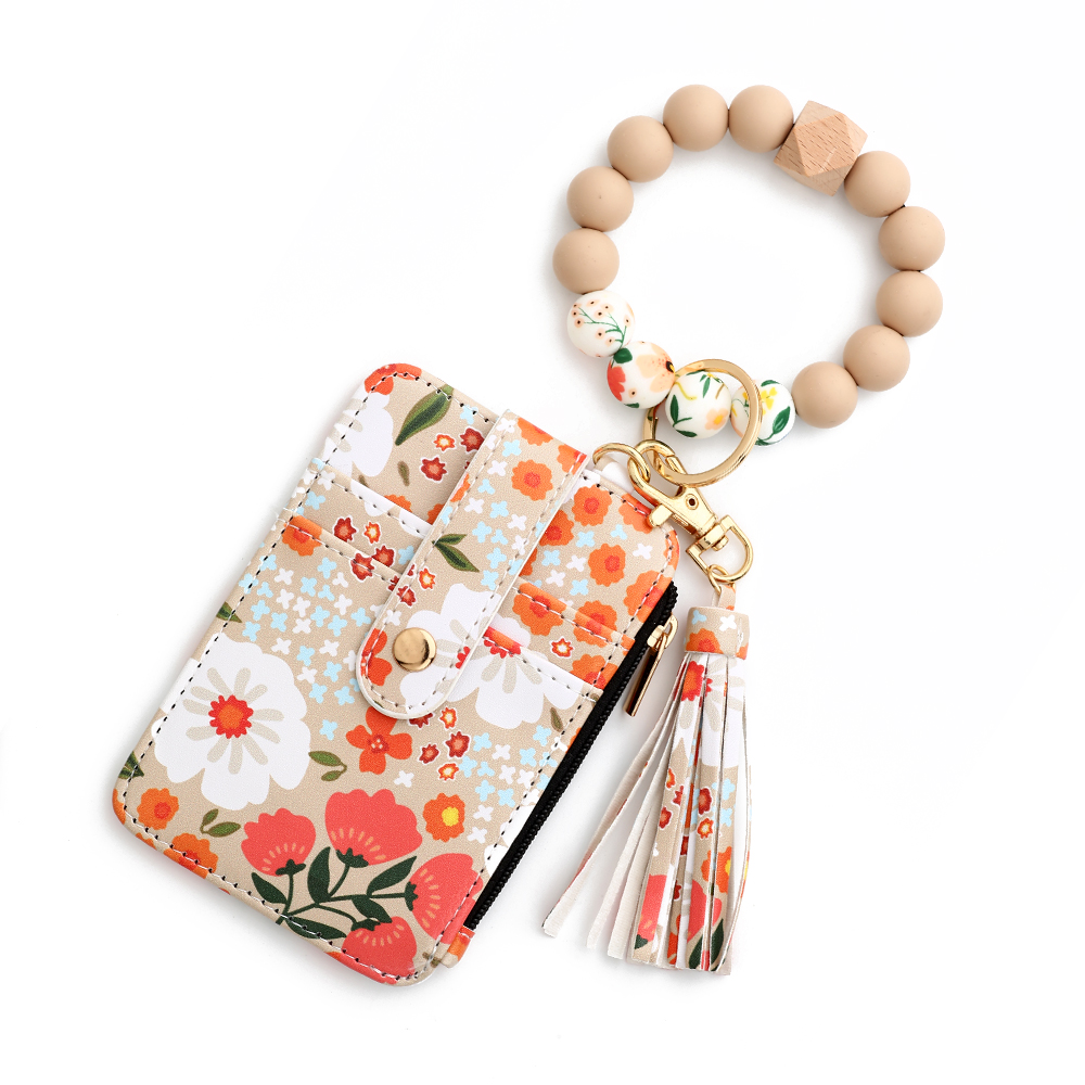 Silicone bead pu leather key chain wristlet id credit card holder keychain wallet for women Pink Flower Print Wallet: Brown
