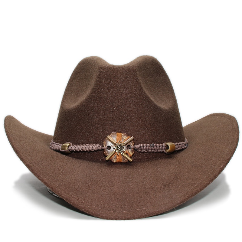 Sombrero de vaquero de ala ancha para hombre y mujer, gorro de lana de estilo Vintage, estilo occidental, Formal, con lazo, banda de cuentas de punto de madera, 61cm, talla grande
