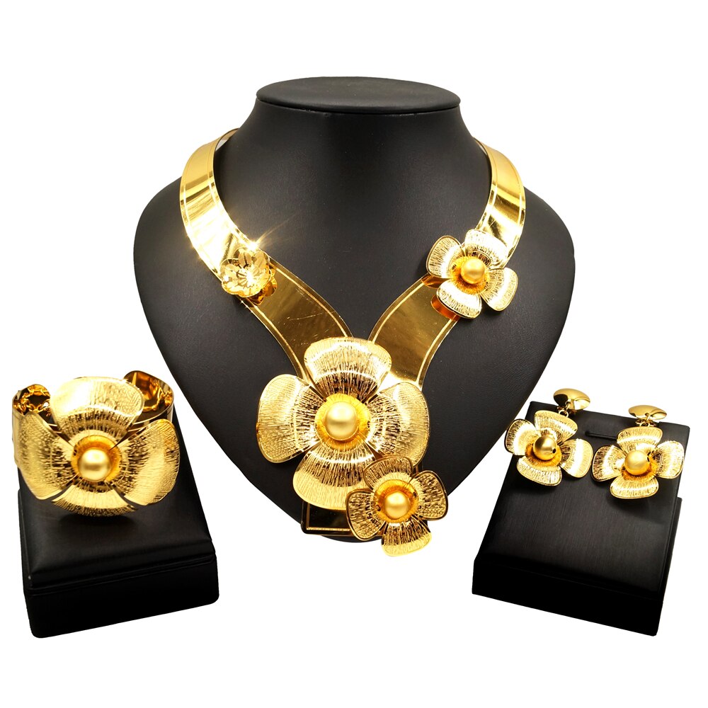 Exquisite 24K Yellow Gold Floral Jewelry Set Bold Shiny Necklace Earrings Bracelet NH00035