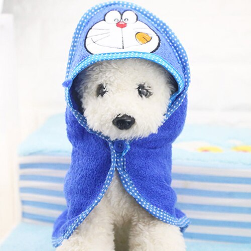 Albornoz con dibujos animados para perro, Toalla de baño para cachorro y gato, manta de secado para mascotas, toalla con capucha para perros pequeños, suministros de baño superabsorbentes para mascotas: Doraemon