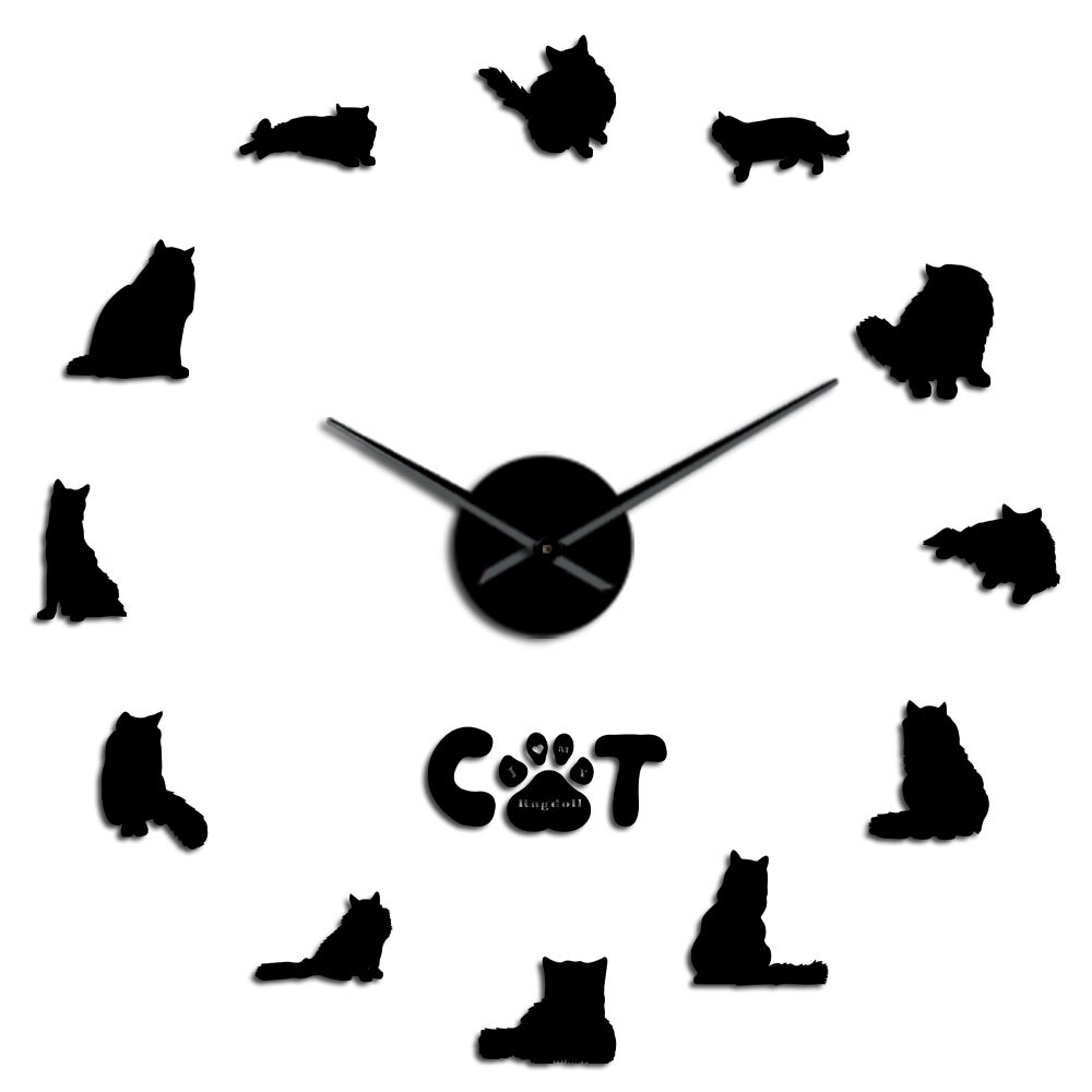 3D DIY Large Mirror Effect Frameless Ragdoll Cat Wall Clock Cat Breeds Kitten Cat Paw Stickers Wall Art Frameless Giant Watch: Black Wall Clocks / 37 Inch