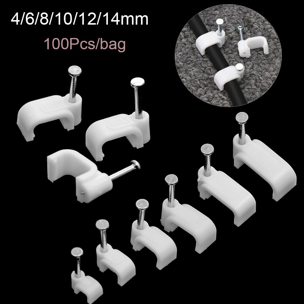100Pcs Vierkant Wit Kabel Clips 4Mm-14Mm Met Vaststelling Stalen Nagels Multipurpose Wire Montage Bevestigingsklem sluiting Hardware