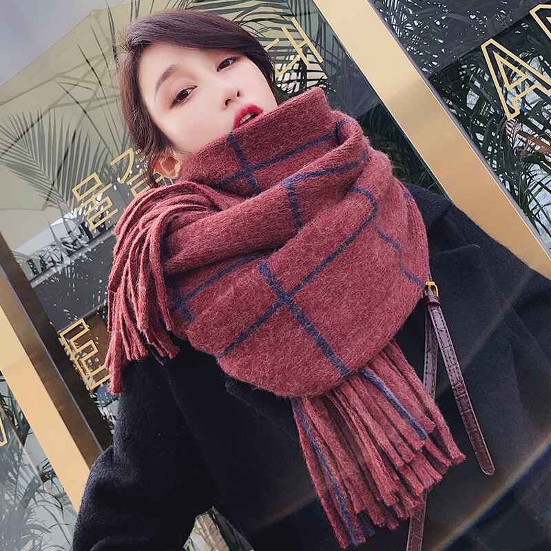 [EWQ] Winter Shawl Plaid Patchwork Thick Keep Warm Knitting Long Plaid Korea Scarf Woman Wool Spinning 19C-a17-02-0: dark red