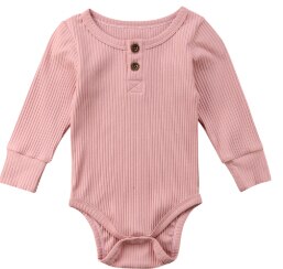 Helt nyfödd baby flicka pojke ribbad body volang i ett stycke solid jumpsuit långärmad outfit vårsoldräkt: Rosa / 6m