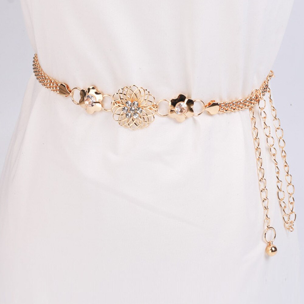 Clothes belt Women Lady Metal Chain Style Belt Body Hollow diamond flower waist chain belt Metal dress gold Belt Ceintur