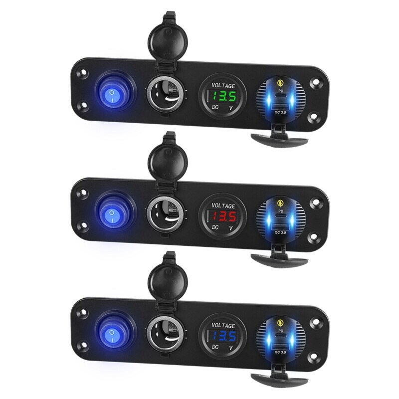 Kfz-schnellladegerät mit  qc3.0 usb-c-anschlüssen, led-voltmeter und 12v steckdosen sowie ein-/ausschalter für auto, boot, wohnmobil, lkw und suv