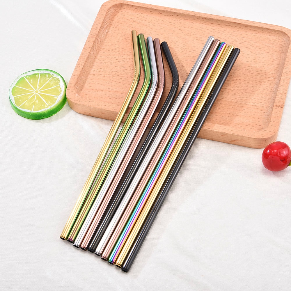 Rainbow Color Reusable Metal Straws Set with Cleaner Brush 304 Stainless Steel Drinking Straw Milk Bar Party Drinkware
