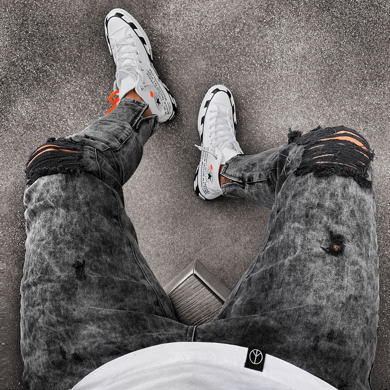 Men vintage Black Slim Fit Stretch Ripped skinny Jean zipper street jogging Motorcycle casual jeans pants