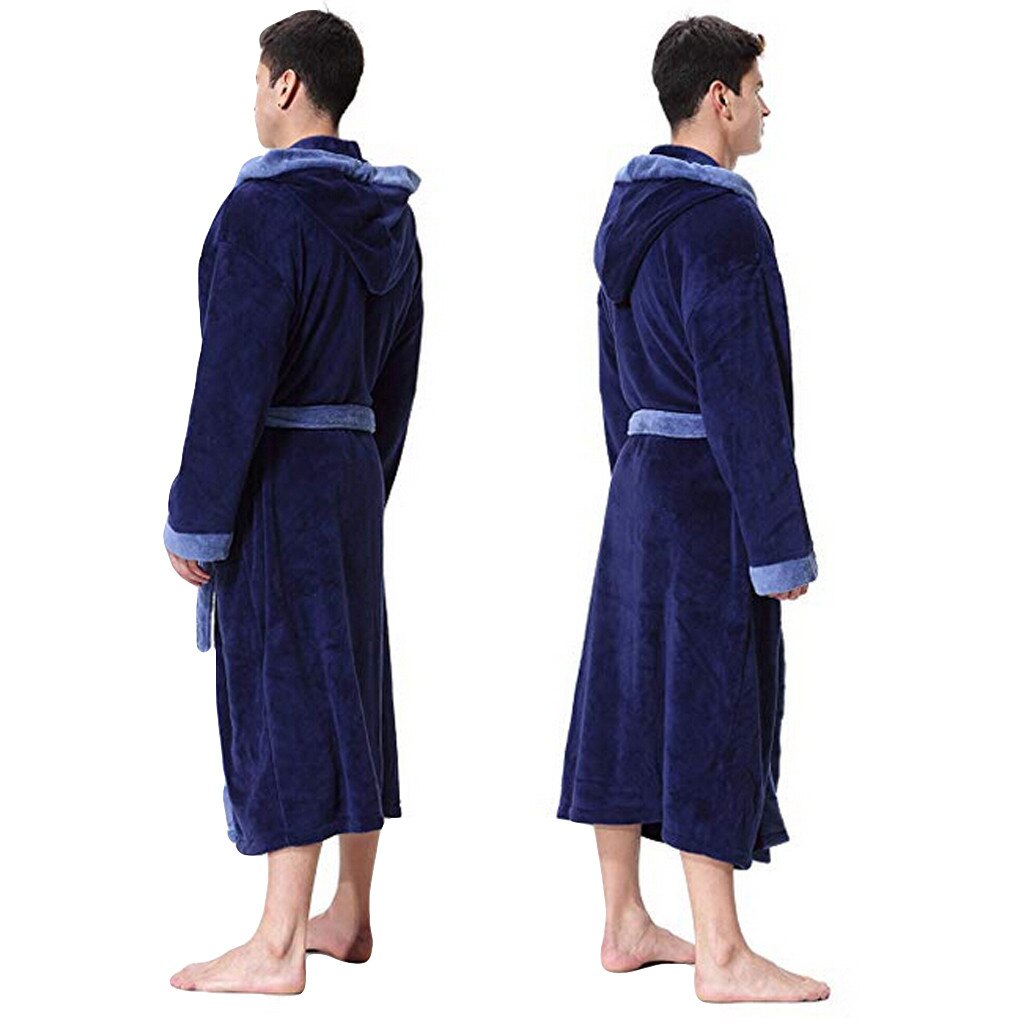 hooded Bathrobe men robe sleepwear Plush winter Lengthened Patchwork Long Sleeve Robe badjas d90914