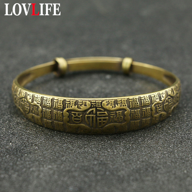 Vintage cobre deslizante ajustável letras chinesas bênção bangles para as mulheres de bronze antigo sorte manguito pulseiras artesanal bangle