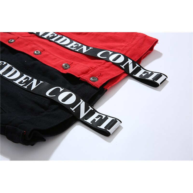 [hangjia] hip hop rød / sort farve blok denim jakke streetwear mænds trend patch brev print bånd løs urban jakke