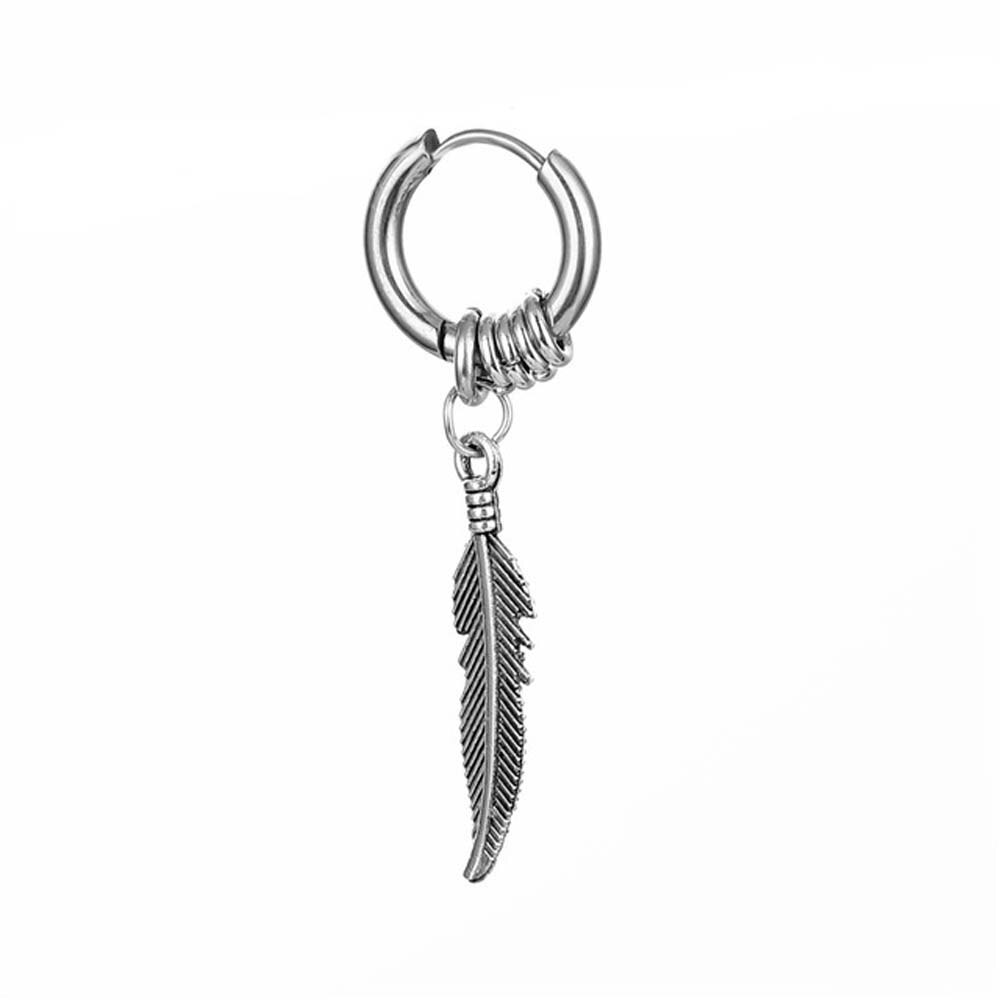Estilo punk coreano masculino feminino liga cruz brincos de aço inoxidável moda jóias brincos de argola de penas: Silver