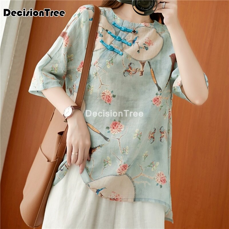 Tops hanfu top, camisa china de estilo chino, ropa tradicional china para mujer, cuello en v, tops tradicionales chinos holgados 2022