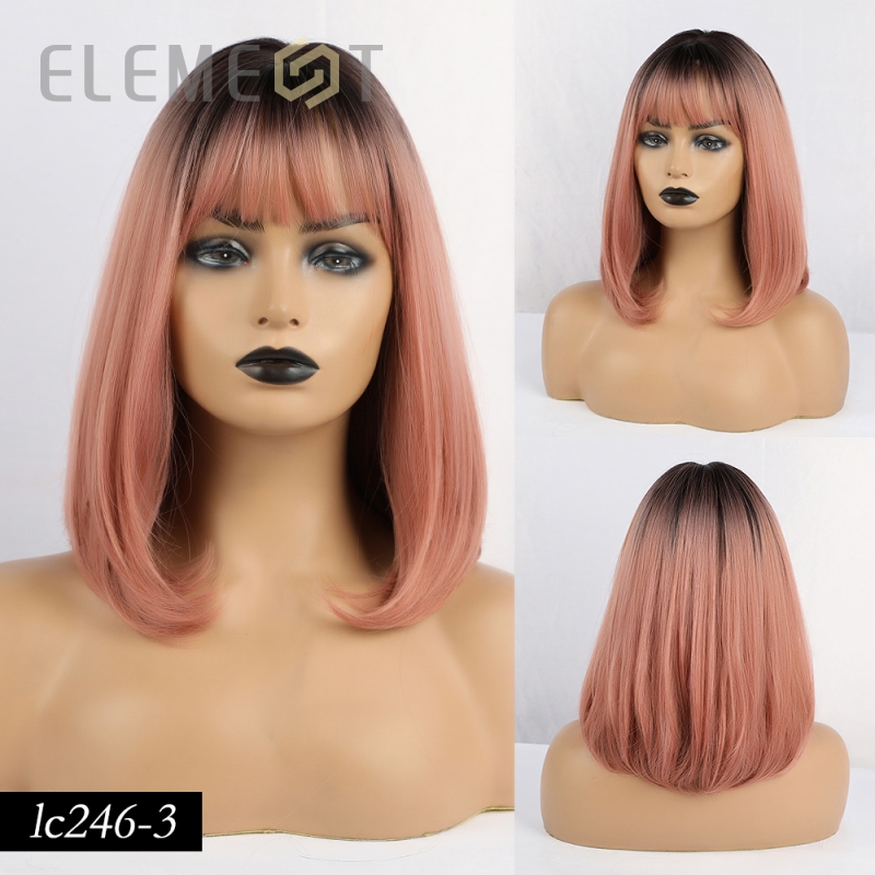 element krótki prosto pion peruki z grzywką Ombre czarny do herbata mleczna kolor peruki syntetyczne dla białych/czarnych kobiet