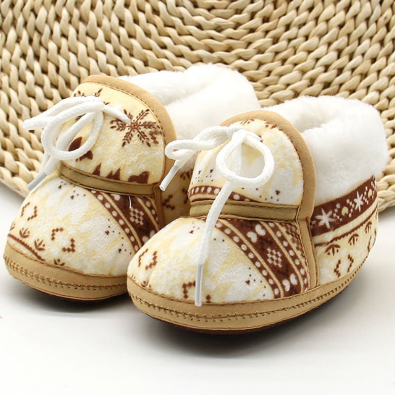 Cotton Padded Infant Baby Boys Girls Soft Boots Cute Baby Shoes Spring Warm Soft Baby Retro Printing Shoes 6-12M