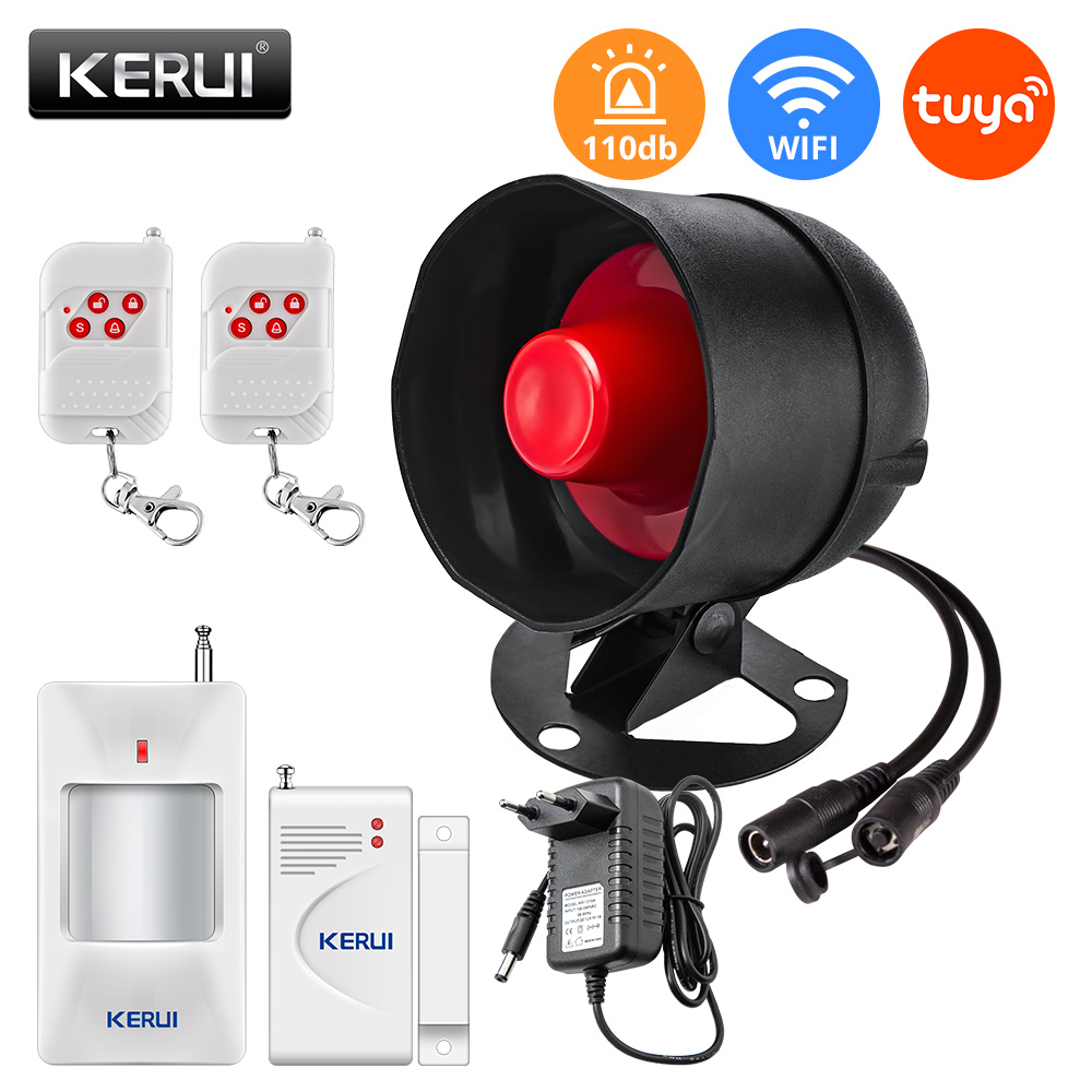 KERUI Tuya Smart WIFI Security Alarm System Kit 110dB Wireless Loud Indoor/Outdoor Siren Horn Home Burglar Motion Door Sensor: Dark Grey / Eu plug
