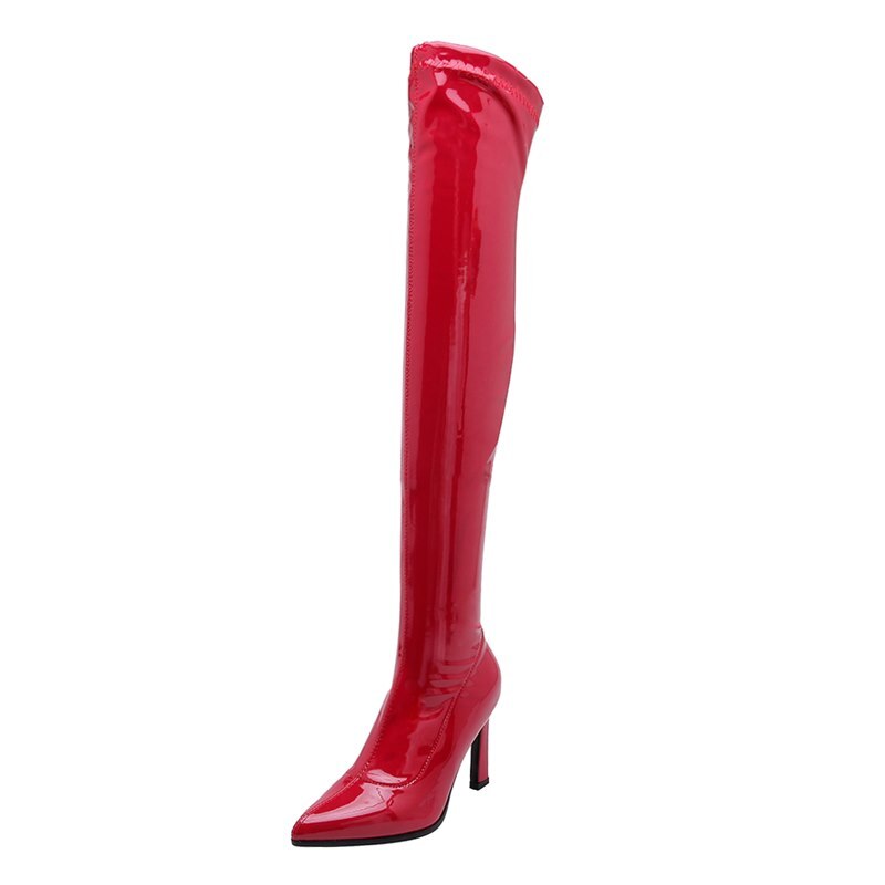 Morazora Grote Maat 34-43 Lakleer Stretch Laarzen Vrouwen Hoge Hakken Over De Knie Laarzen Herfst Winter dij Hoge Laarzen: Rood / 5