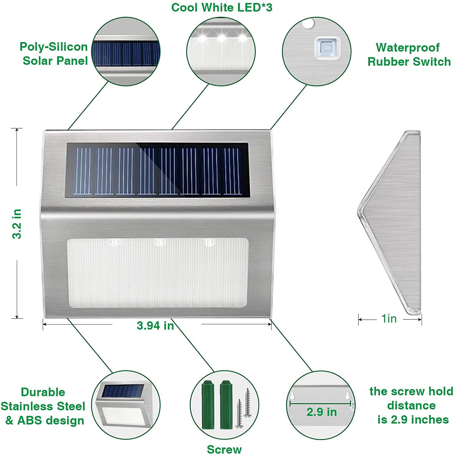 Solar Deck Lights Bright 3 LED Stair Light Outdoor Waterproof Stainless Steel Wireless Lighting for Balcony Garden Yard Fence