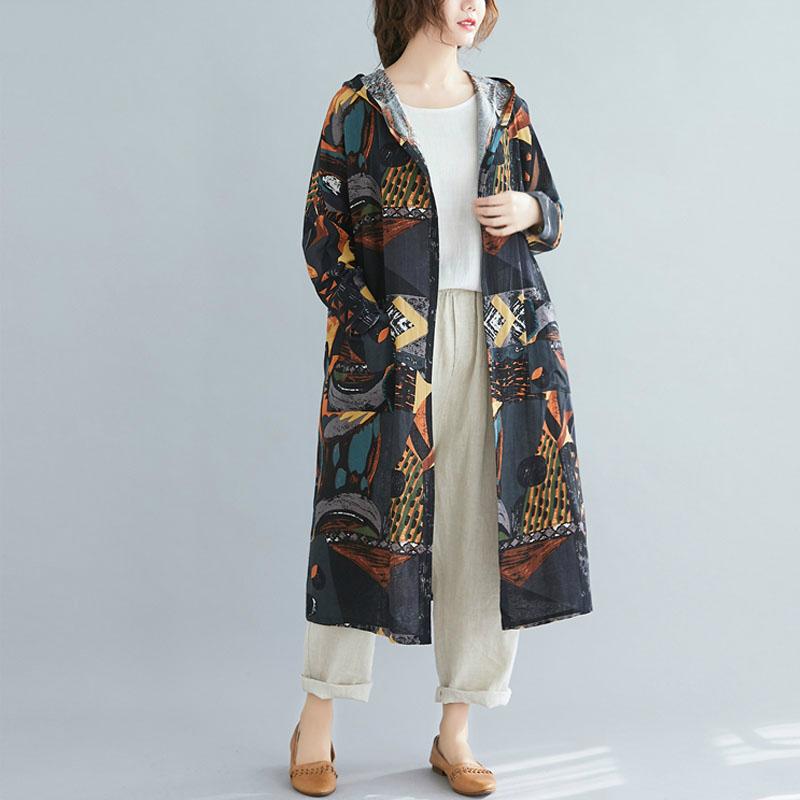 Plus size lange trenchcoat met capuchon, lente voor dames, graffiti print, casual vest, katoenen linnen jassen, kleding, windjack