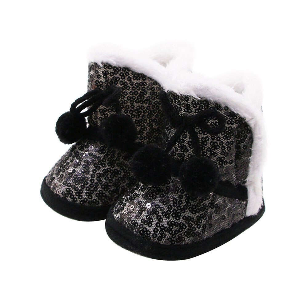 Baby piger paillet sne støvler skridsikker blød sål vinter varm pels foret sko ankelstøvler med snørebånd: Sort / 12.5