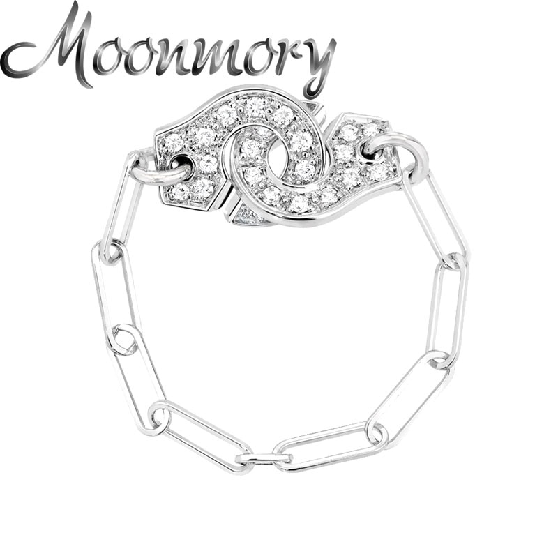 Moonmory 925 Sterling Silver Rock Punk White Zircon Menottes Chain Ring For Women Crystal Hand Cuff Party Rings Jewelry Making