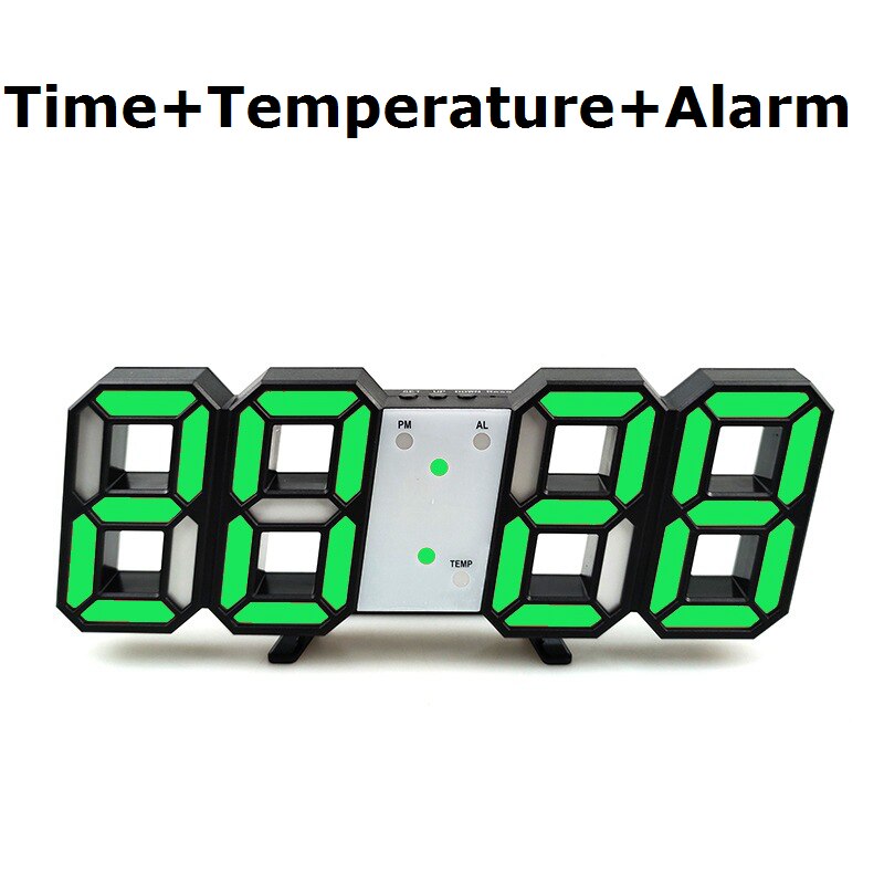 3D horloge moderne numérique 12/24 heure affichage de l'heure mur LED horloge LED rétro-éclairage support de température ou suspendus alarmes pour chambre à coucher: Black Shell Green